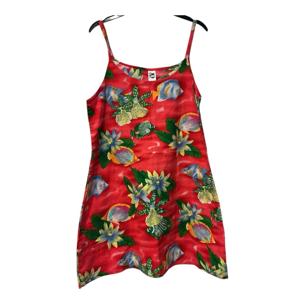 Huguette Creation Tahiti Red Tropical Floral Fish Print Cotton Sundress S-M AA44 - Picture 2 of 6